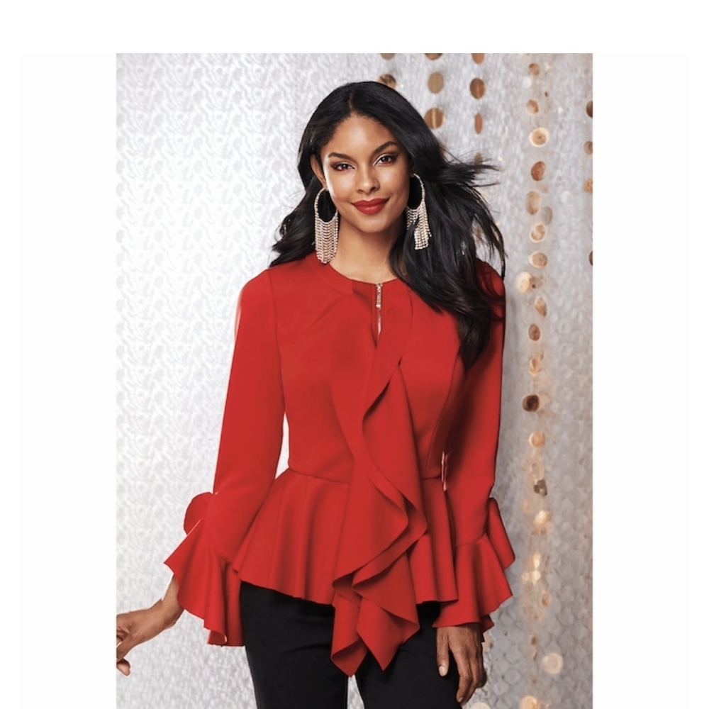 Midnight Velvet Darcy Zip-Up Ruffles Jacket Top for Women with Peplum Sz M